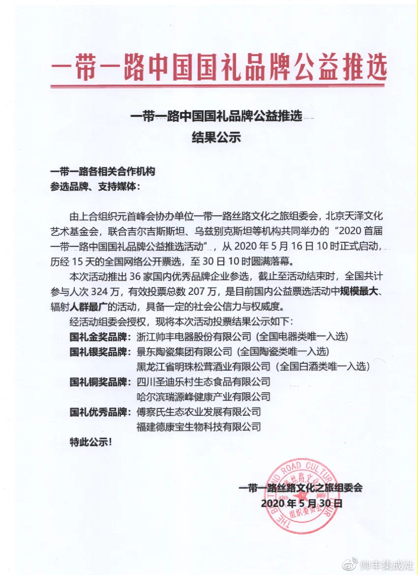 喜報 | 行業(yè)唯一！帥豐集成灶獲一帶一路國禮金獎品牌